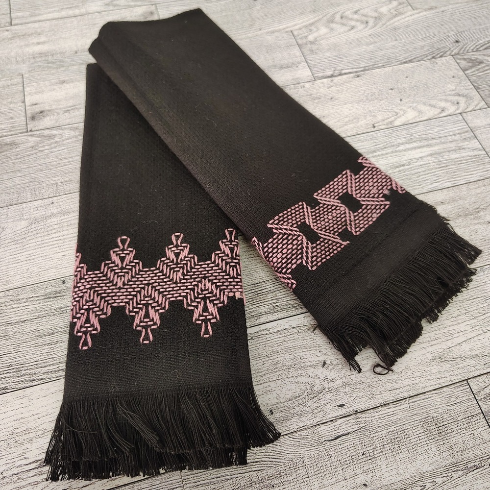 Handmade Tea Towel Set Black Pink Geometric Pattern MCM Embroidered Fringe Decor